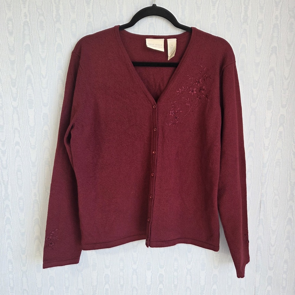 Vtg Y2K First Issue XL Cardigan Burgundy Floral Embroidered Cottage‎ Grandmacore